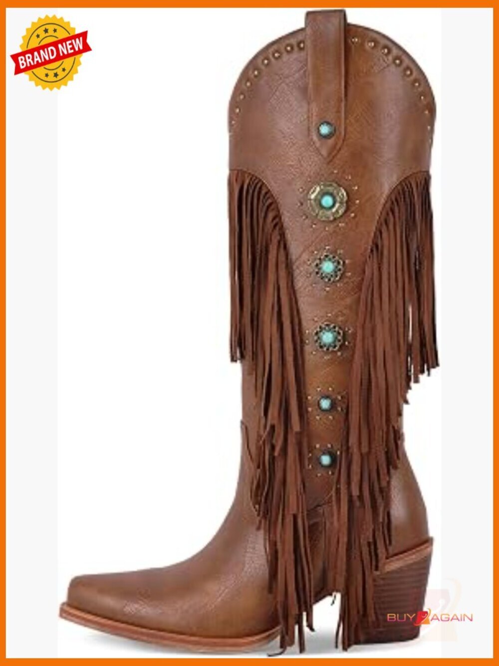 Western Cowboy Studded Fringed Long Boots Block Heel Pull On